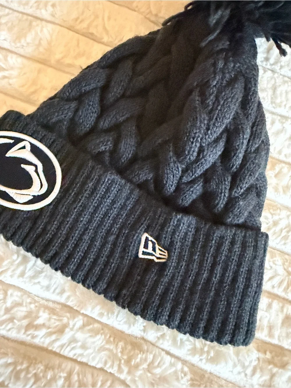 New Era PennState Navy Blue Cable Knit Pom Beanie with Team Patch
